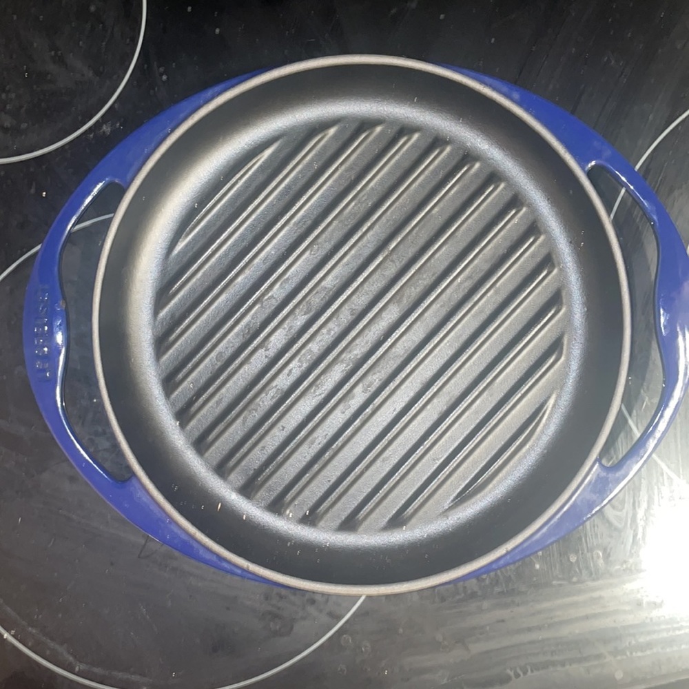 Le Creuset Blue Enameled Cast Iron 10" Grill Griddle Handled Pan Skillet France